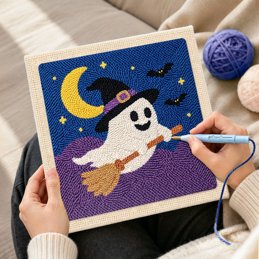 Creating handmade ghost on broomstick punch needle artwork