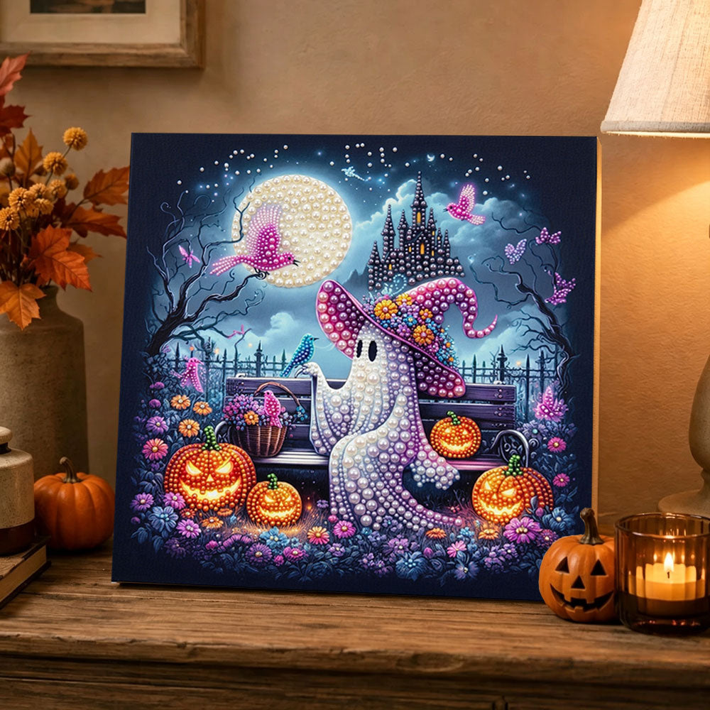 Finished ghost on park bench pearl diamond painting artwork displayed as holiday home decor