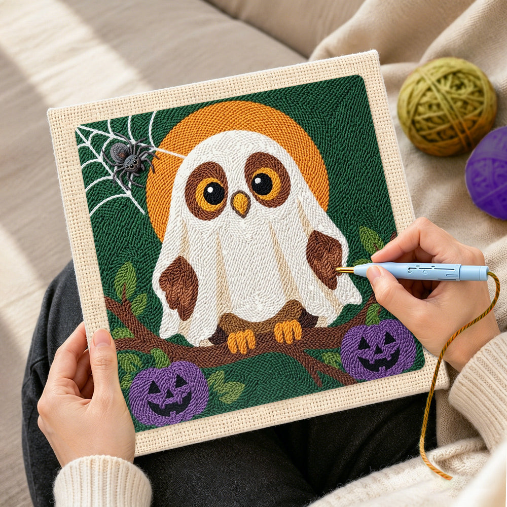 Creating handmade ghost‑owl with pumpkins punch needle artwork
