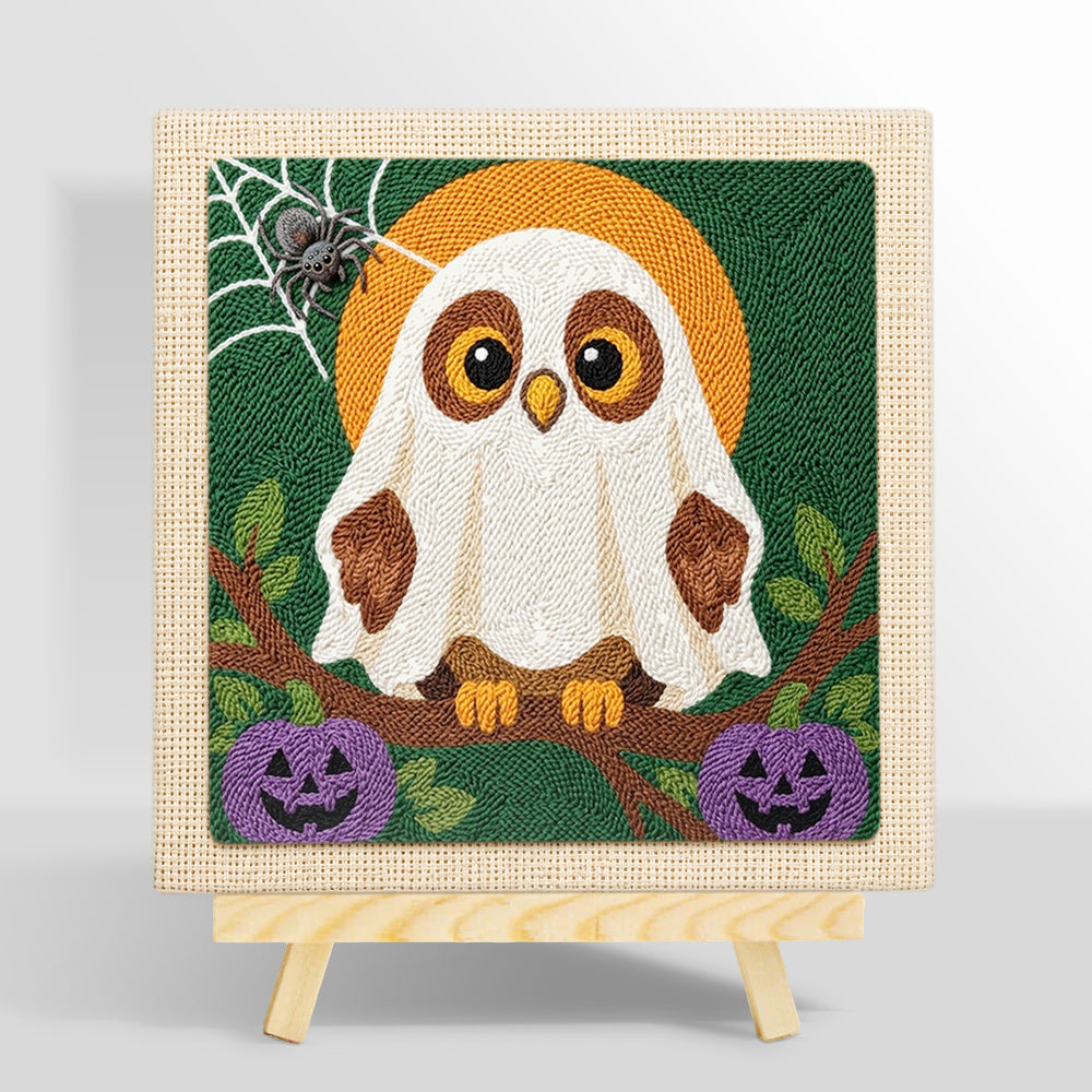 Ghost‑owl with pumpkins punch needle kit for beginners