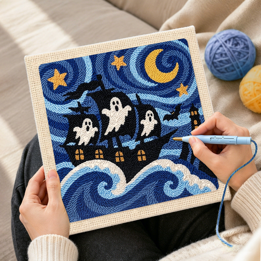 Creating handmade ghost pirate ship punch needle artwork