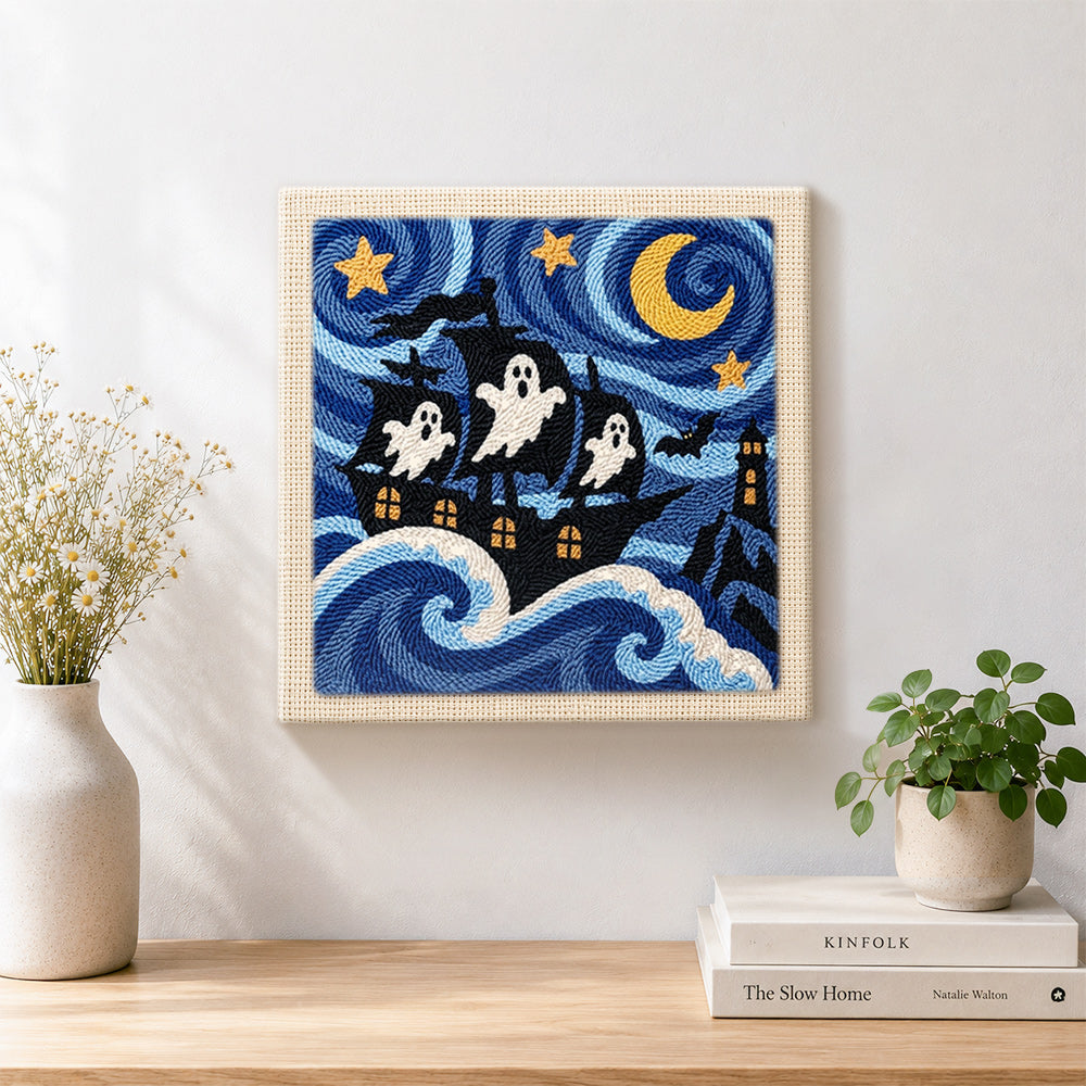 Finished ghost pirate ship artwork displayed on a wall