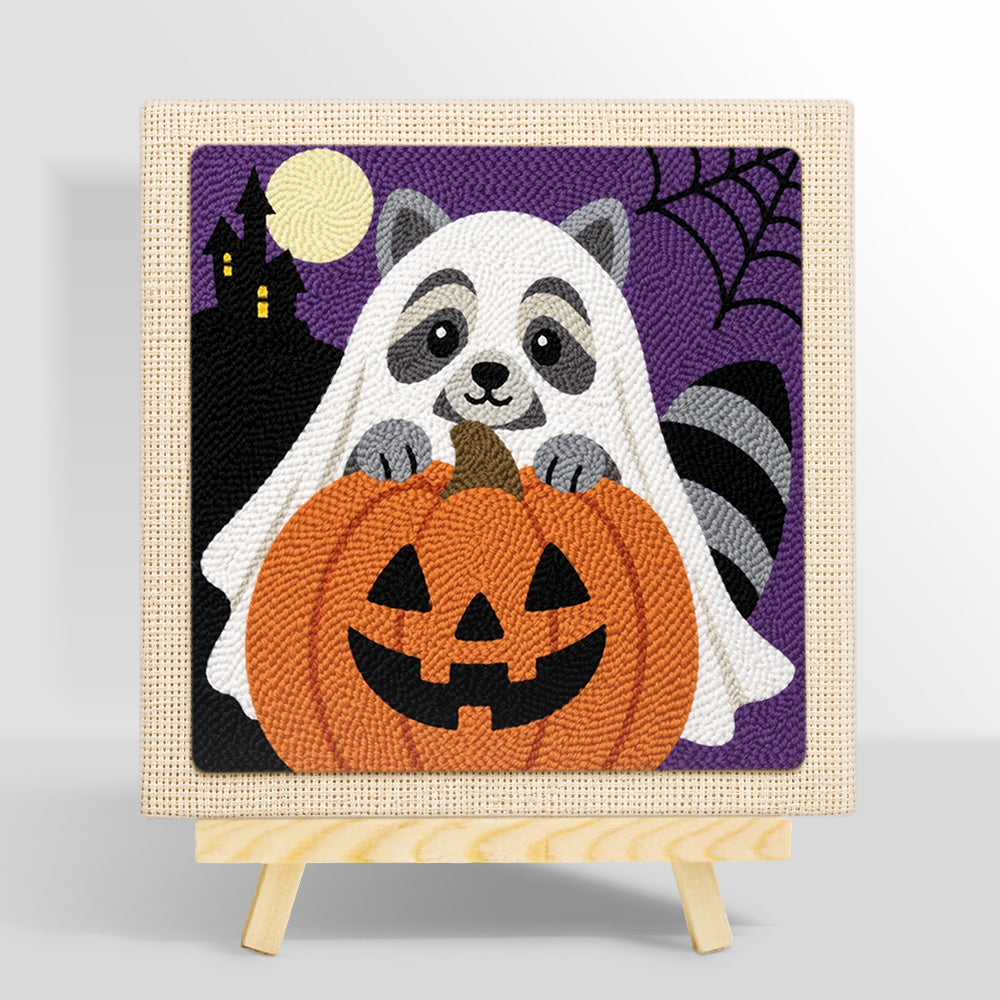Ghost raccoon and pumpkin punch needle kit for beginners