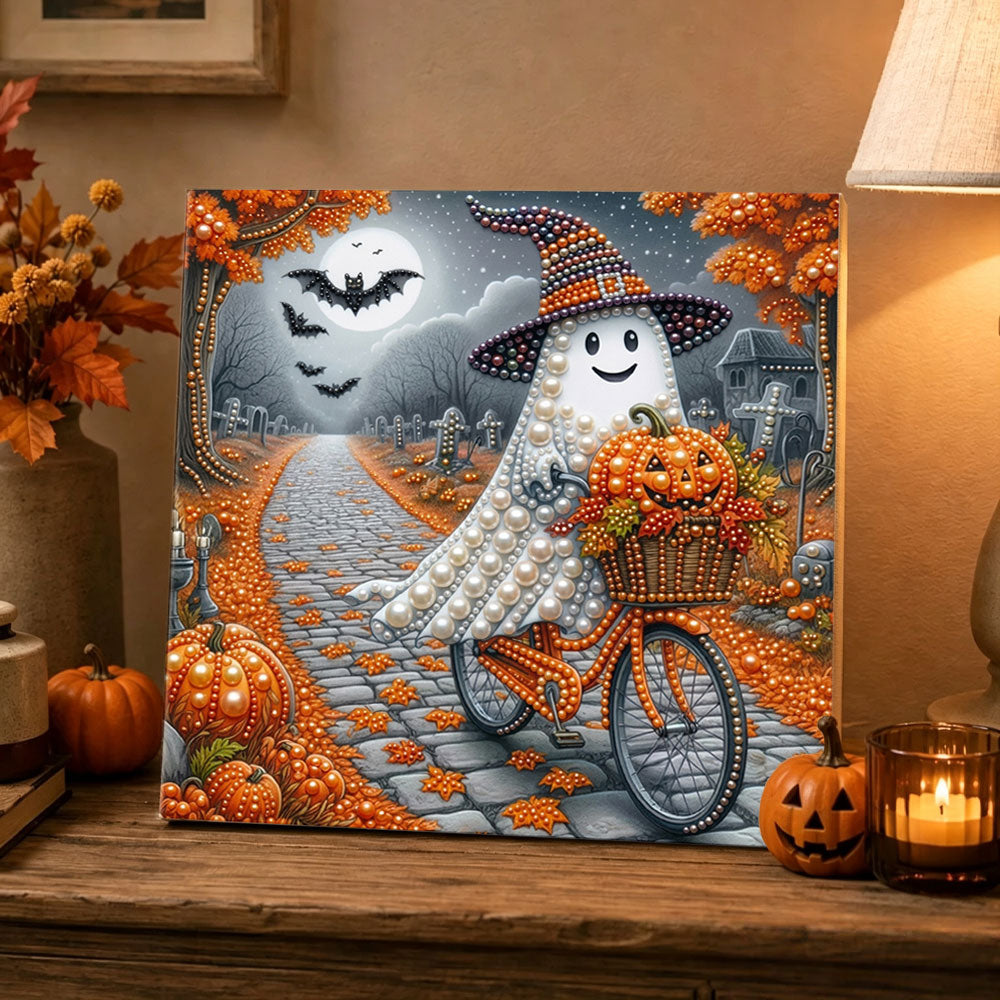 Finished ghost riding bicycle in graveyard pearl diamond painting artwork displayed as holiday home decor