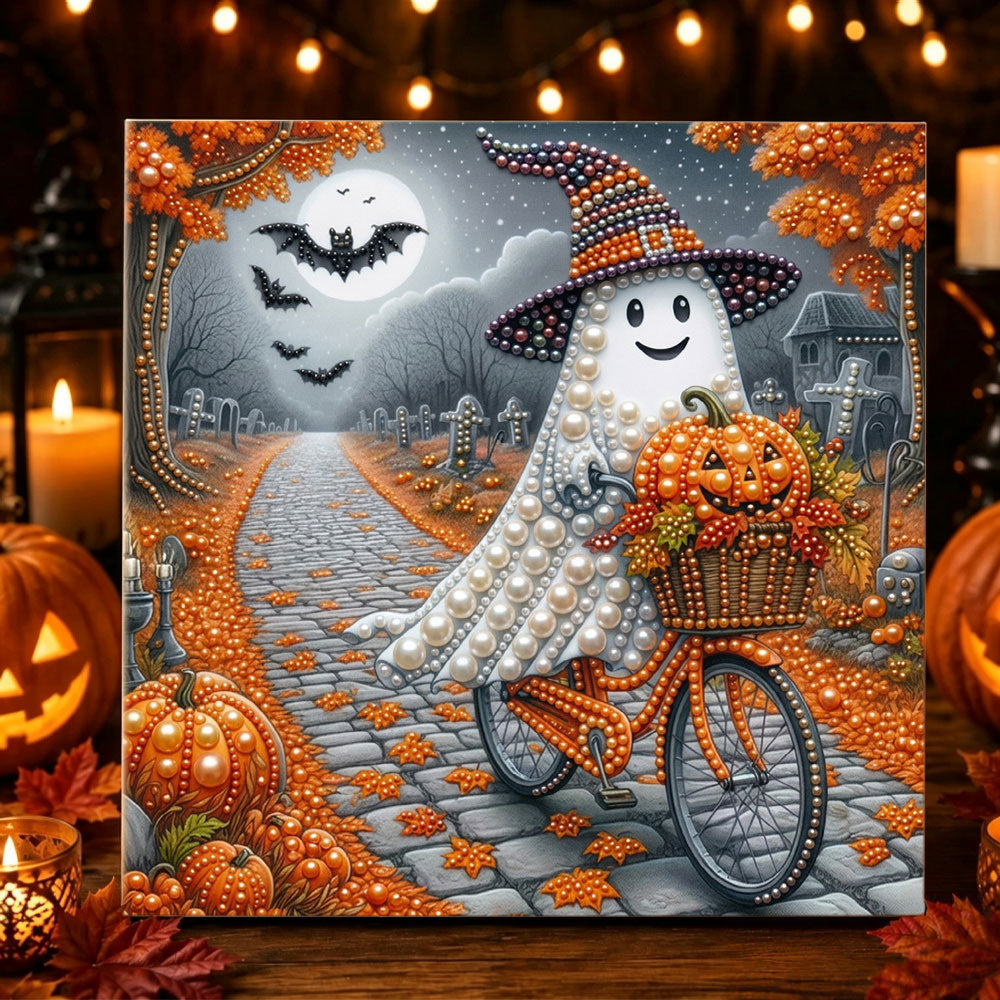 Ghost riding bicycle in graveyard pearl diamond painting kit for beginners