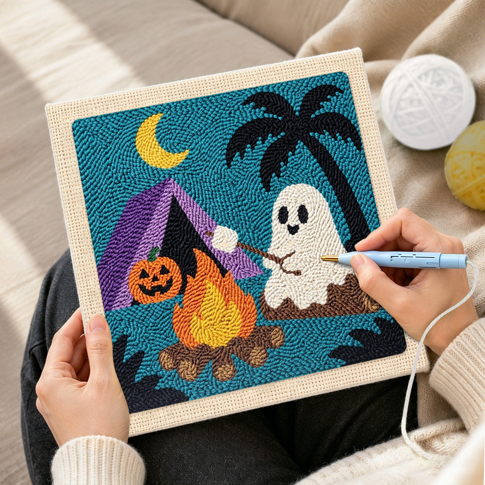 Creating handmade ghost roasting marshmallows punch needle artwork