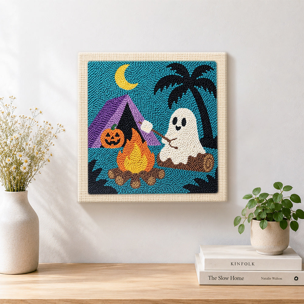 Finished ghost roasting marshmallows artwork displayed on a wall