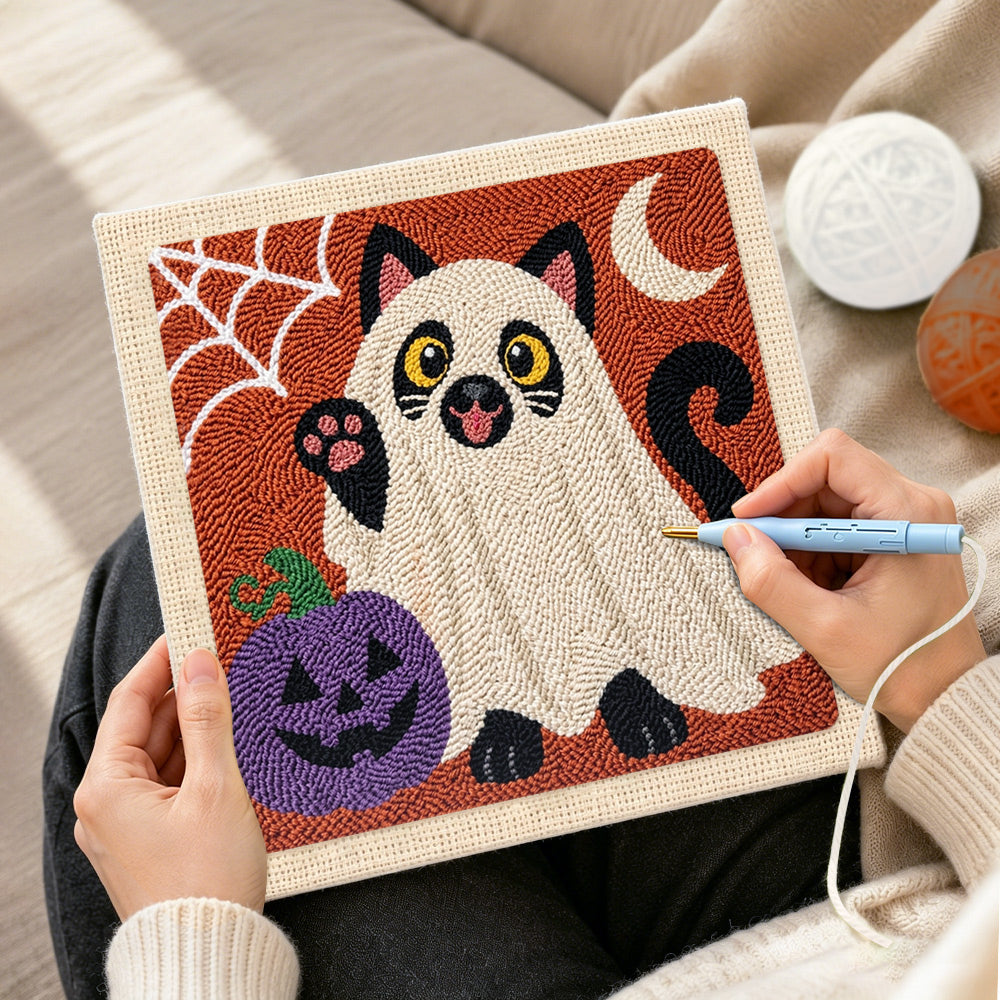Creating handmade ghost siamese cat punch needle artwork