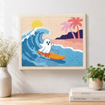 Finished ghost surfing at beach artwork displayed on a wall