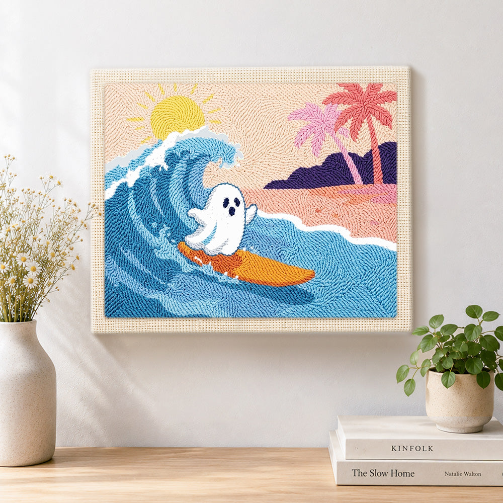 Finished ghost surfing at beach artwork displayed on a wall