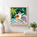 Finished ghost surfing on waves artwork displayed on a wall