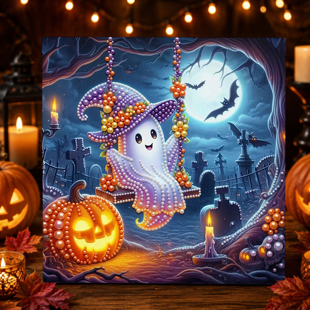 Ghost swinging in graveyard pearl diamond painting kit for beginners