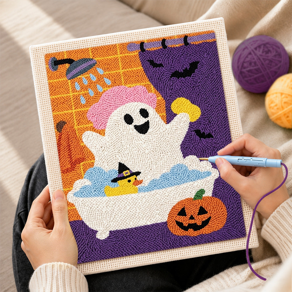 Creating handmade ghost taking bubble bath punch needle artwork