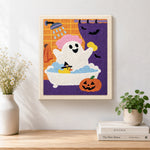 Finished ghost taking bubble bath artwork displayed on a wall
