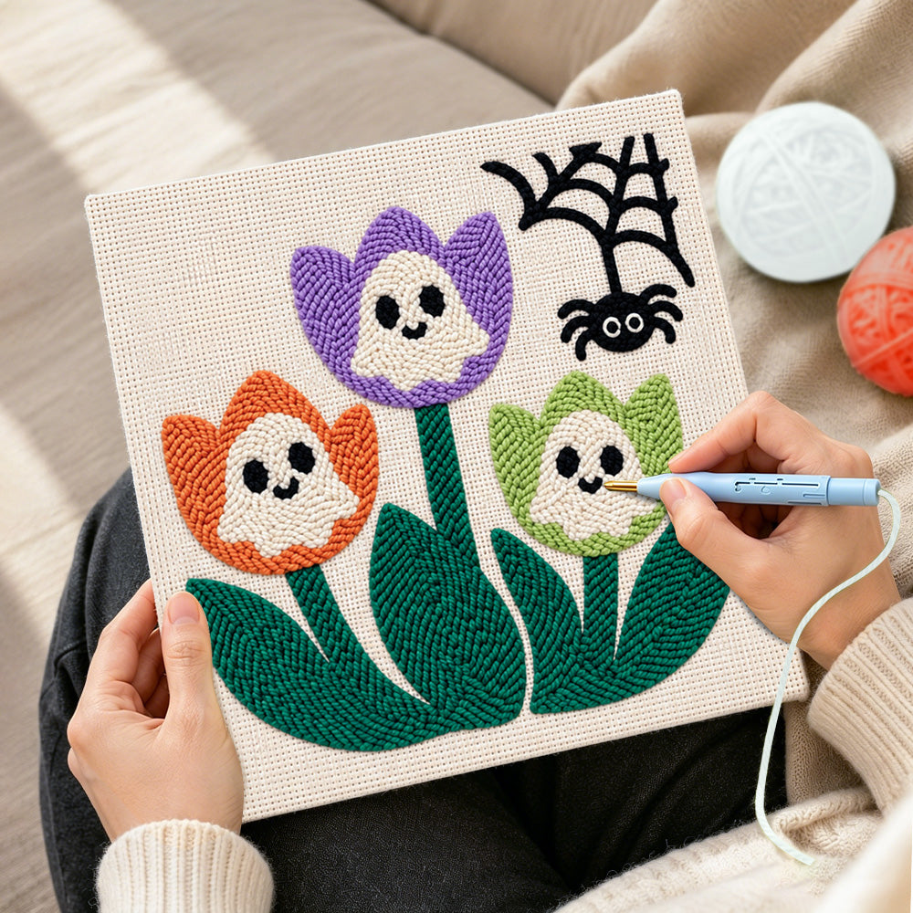 Creating handmade ghost tulip blooms punch needle artwork