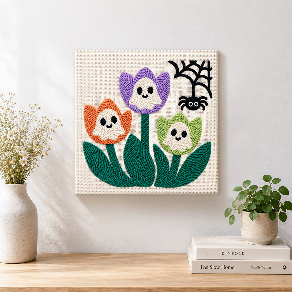 Finished ghost tulip blooms artwork displayed on a wall