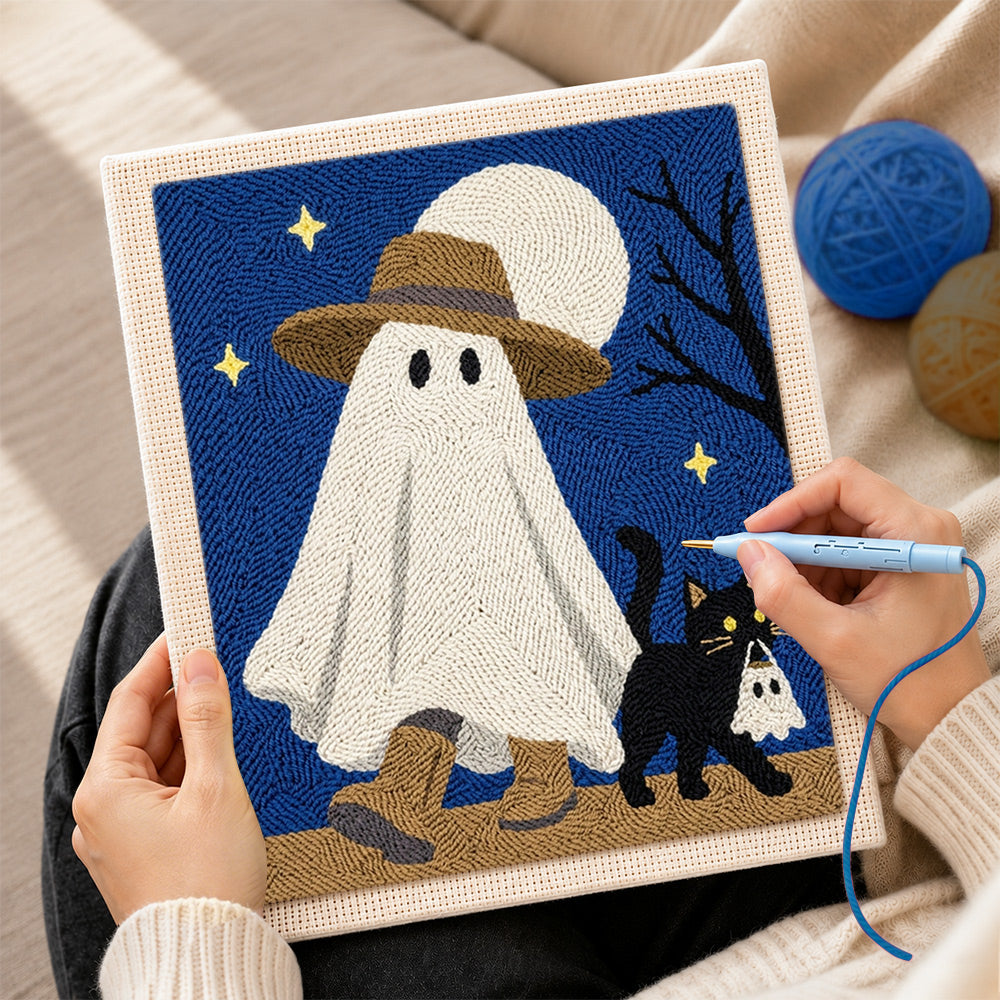 Creating handmade ghost walking with cat punch needle artwork