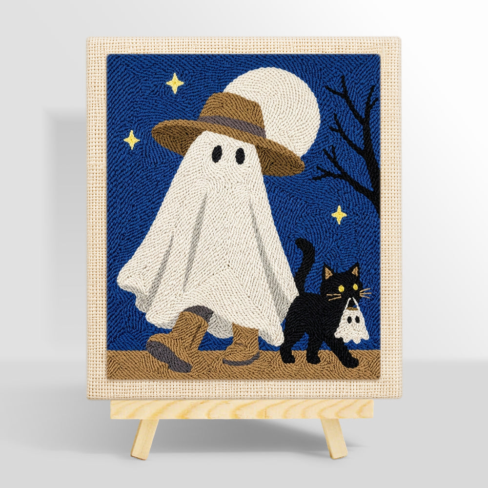 Ghost walking with cat punch needle kit for beginners