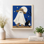 Finished ghost walking with cat artwork displayed on a wall