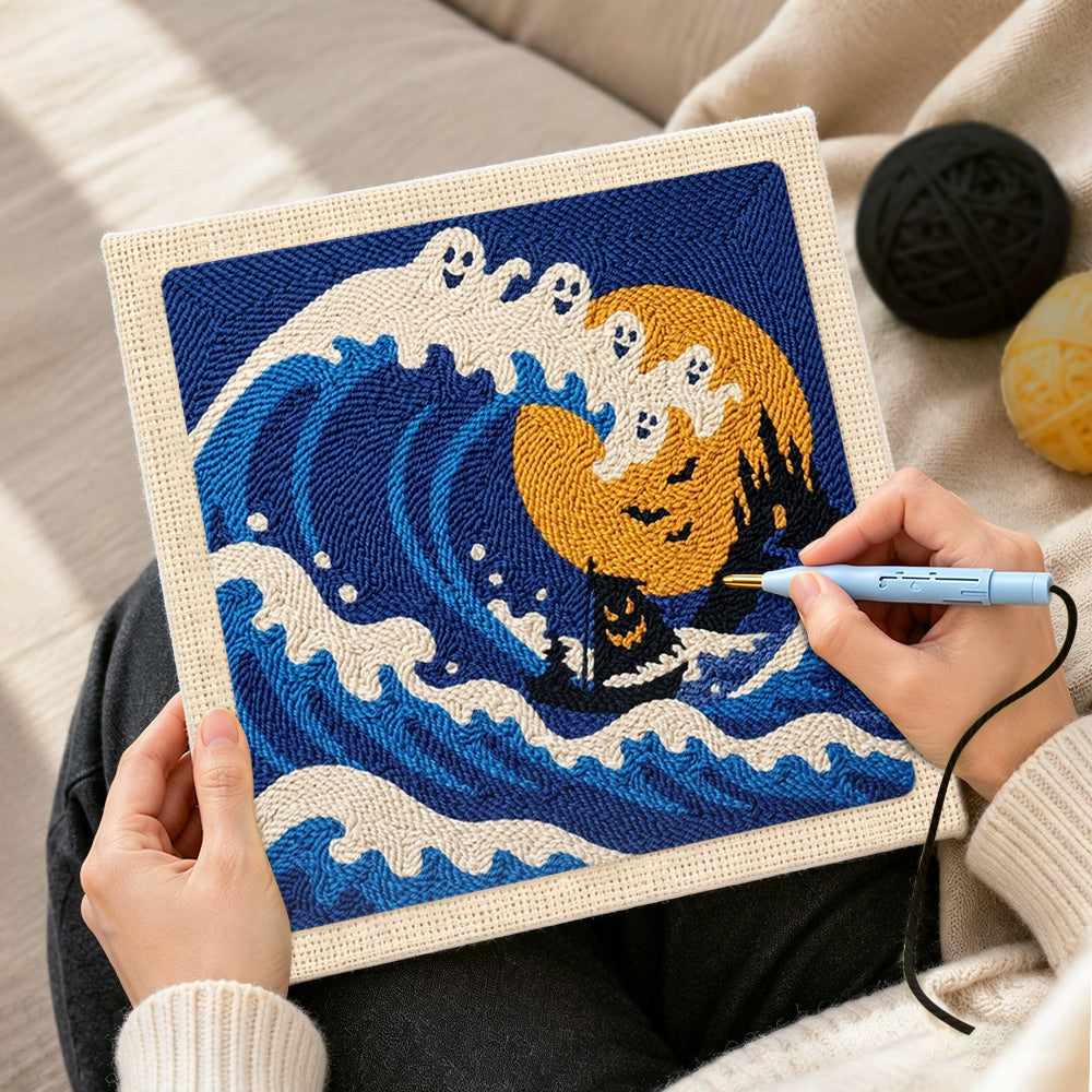 Creating handmade ghost wave ocean scene punch needle artwork