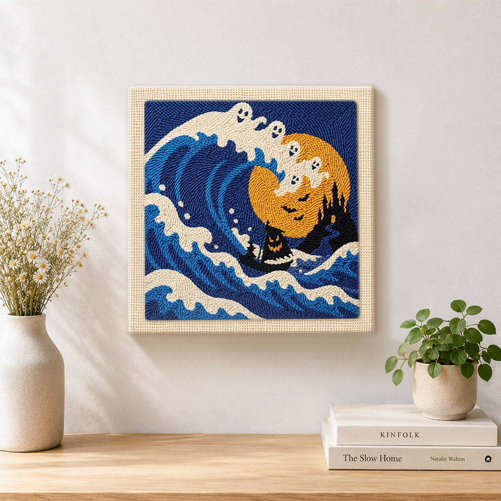 Finished ghost wave ocean scene artwork displayed on a wall