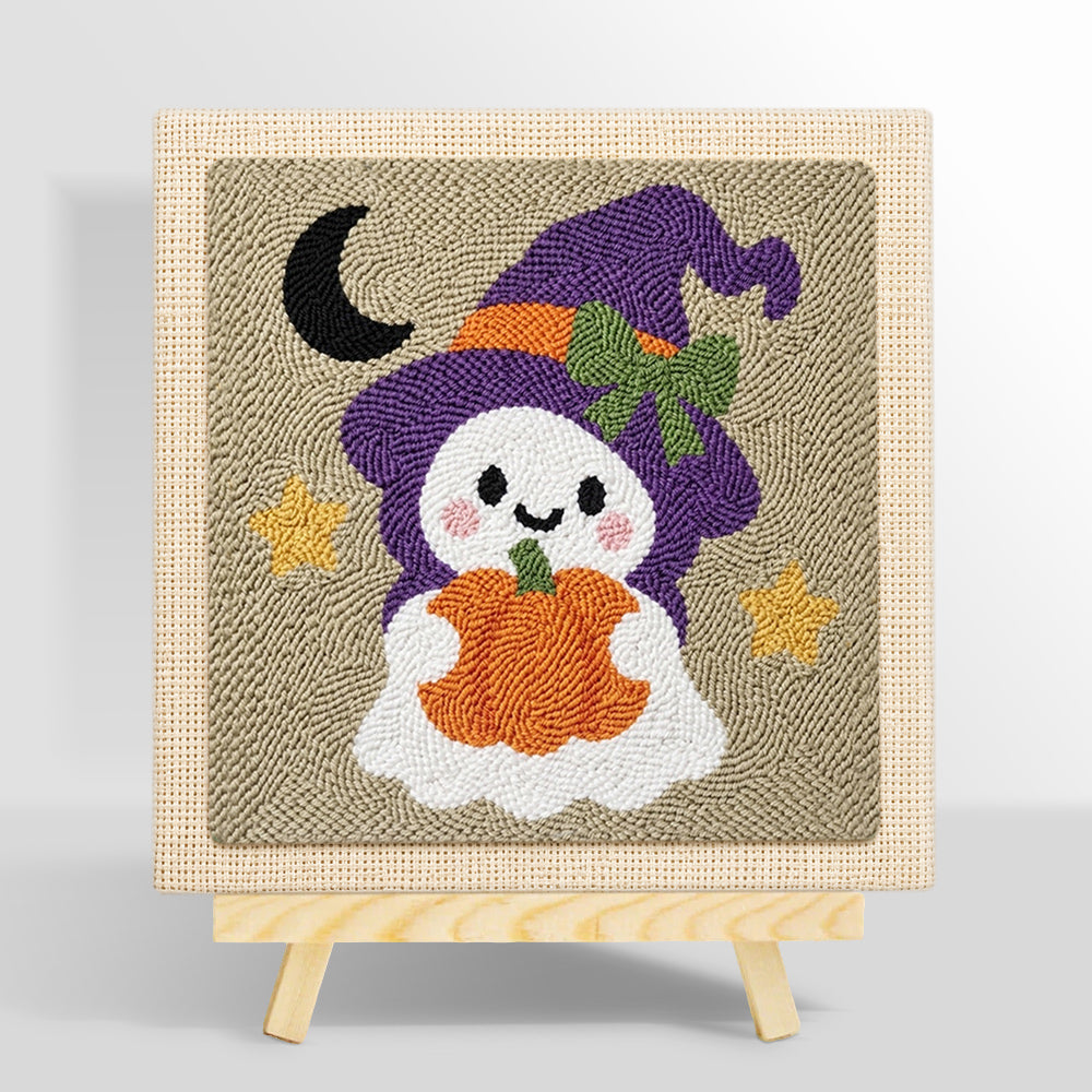 Ghost witch with pumpkin lantern punch needle kit for beginners