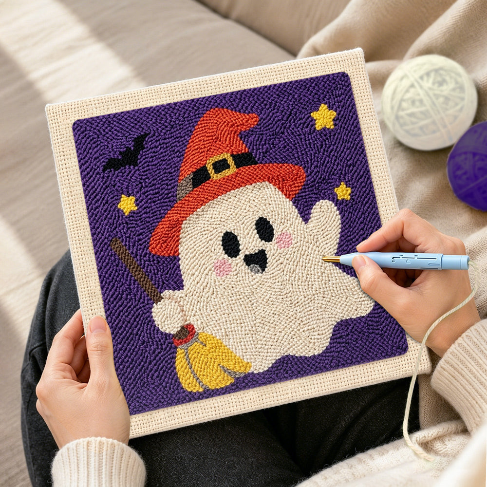 Creating handmade ghost with broom punch needle artwork