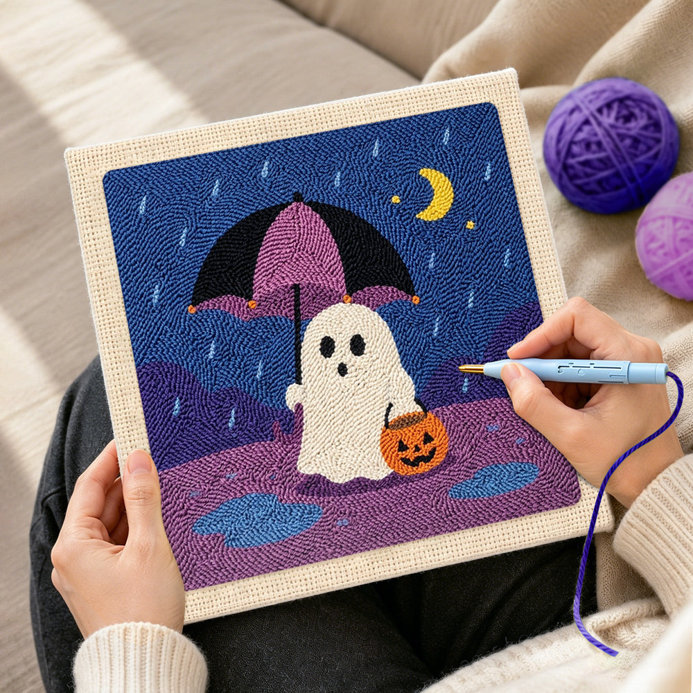 Creating handmade ghost with rain umbrella punch needle artwork