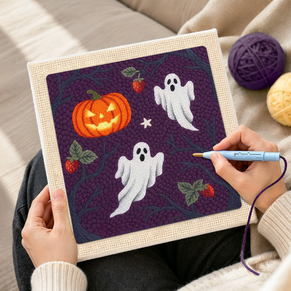 Creating handmade ghosts and wild pumpkin punch needle artwork