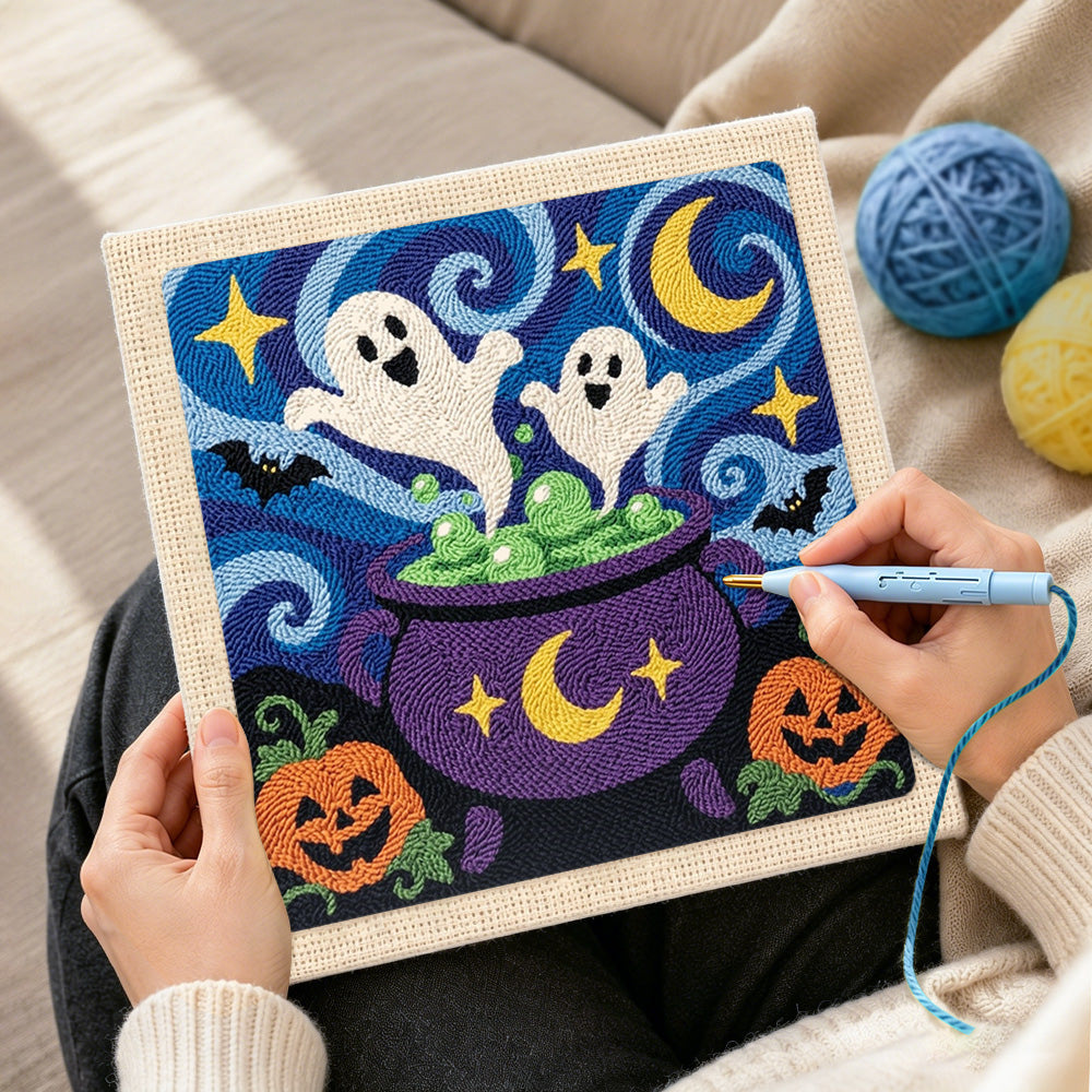 Creating handmade ghosts in magic cauldron punch needle artwork