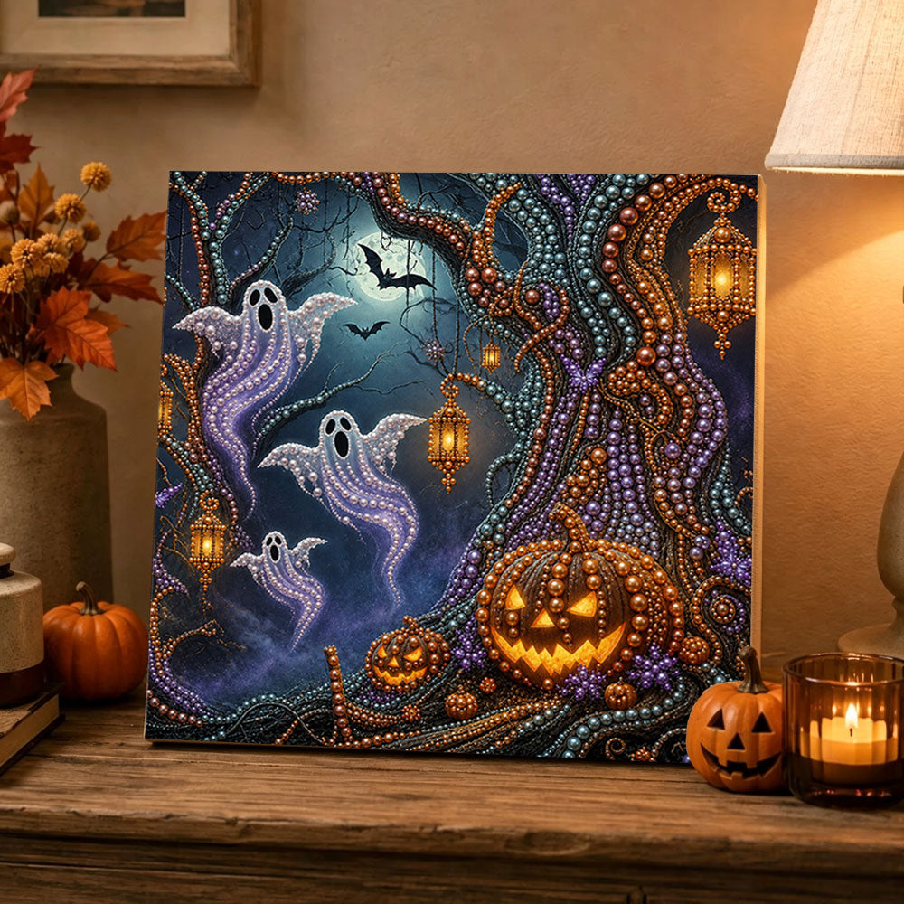 Finished ghosts in magic halloween forest pearl diamond painting artwork displayed as holiday home decor