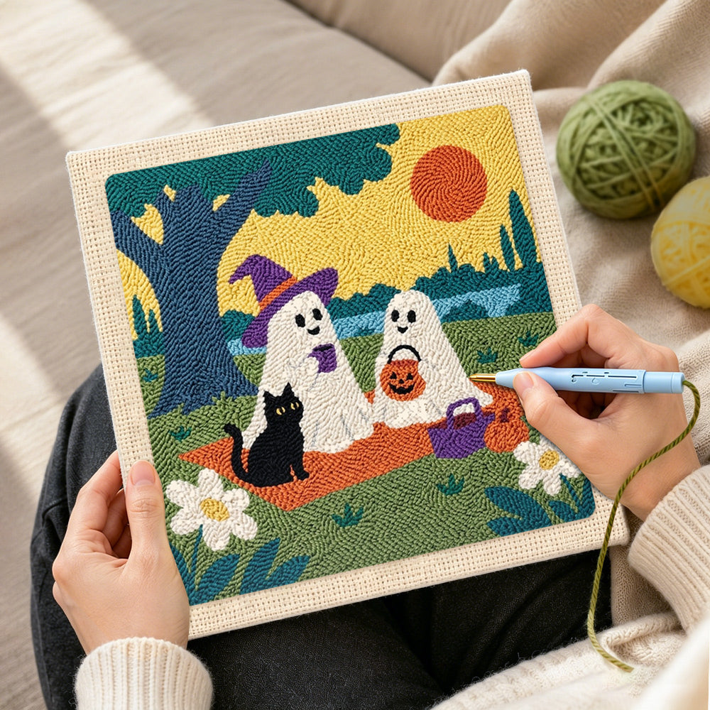 Creating handmade ghosts sunny picnic punch needle artwork