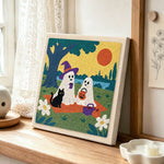 Ghosts sunny picnic punch needle artwork displayed on a table