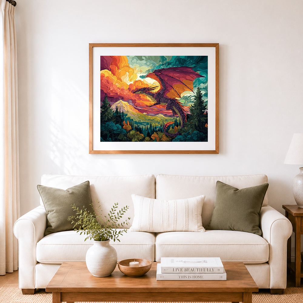 Finished giant dragon over mountain valley cross stitch artwork displayed as home decor