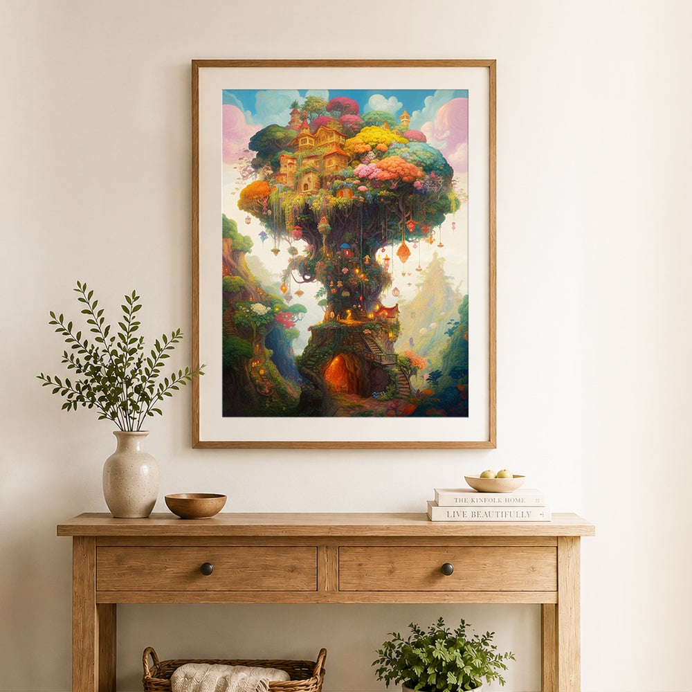 Finished giant fantasy tree house with hanging lanterns cross stitch artwork displayed as home decor