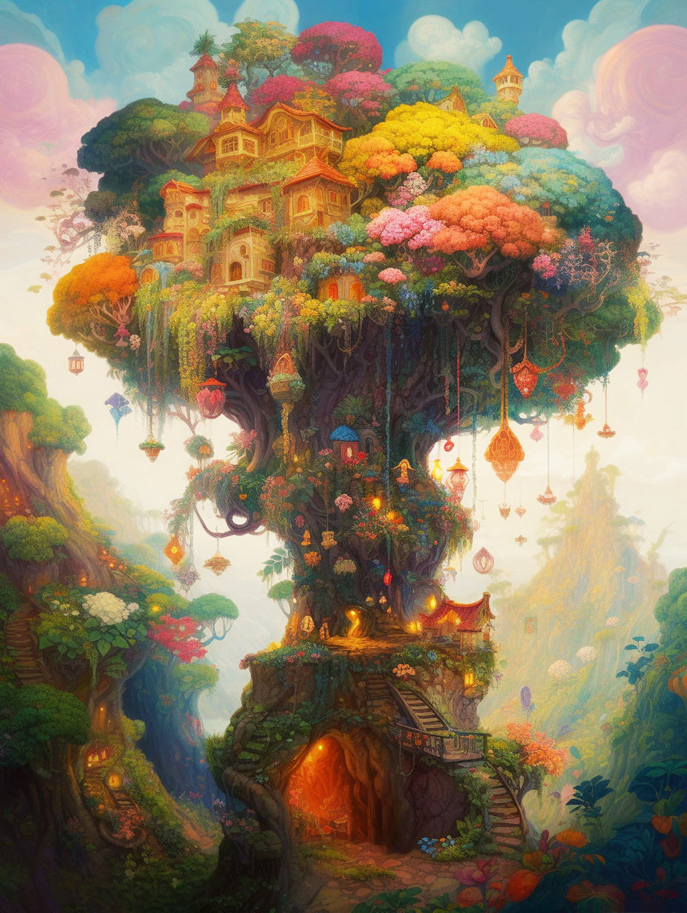 Giant fantasy tree house with hanging lanterns cross stitch kit for beginners