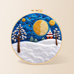 Giant spiral half-moon and snowy tower house needle felting kit for beginners with a round wooden frame