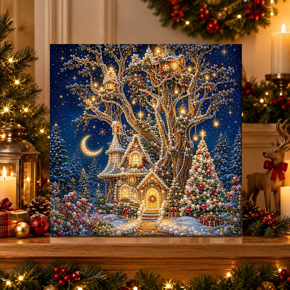 Finished giant twinkling christmas treehouse pearl diamond painting artwork displayed as holiday home decor