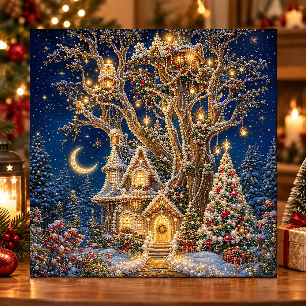Giant twinkling christmas treehouse pearl diamond painting kit for beginners