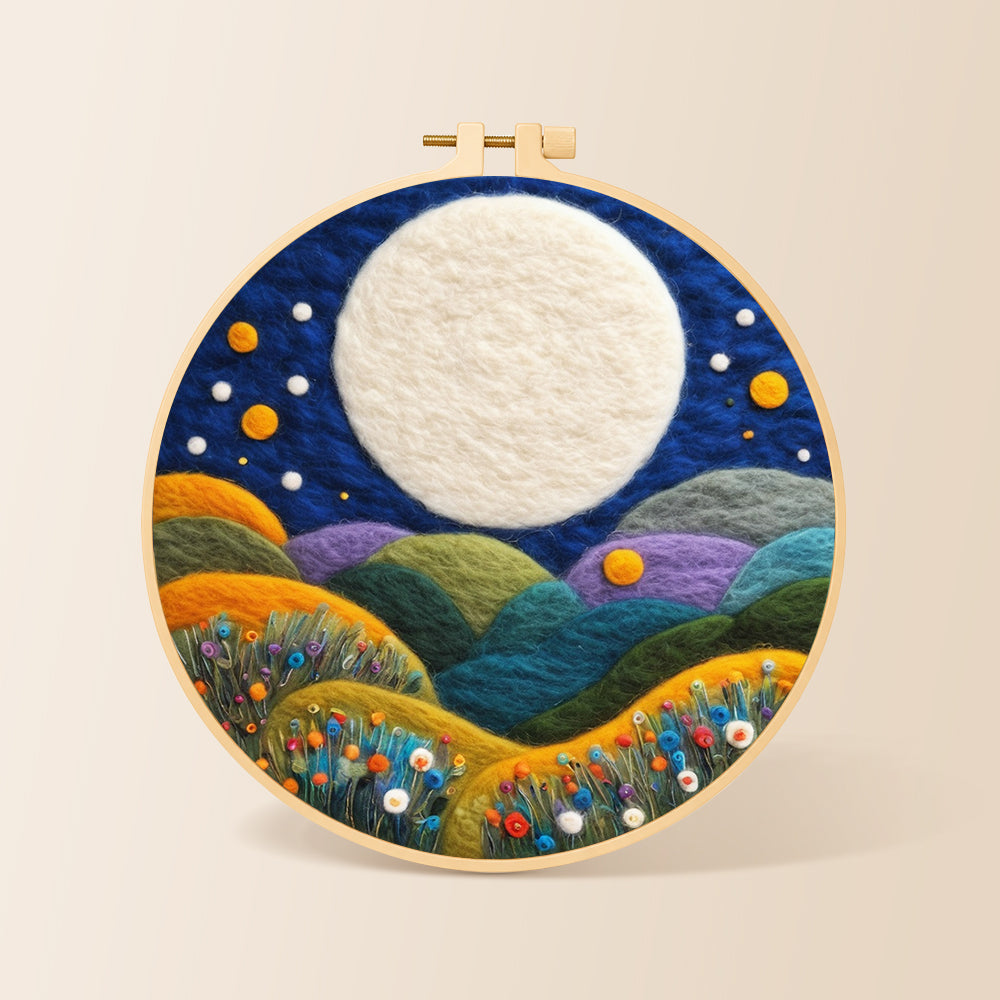 Giant white moon over colorful flower hills needle felting kit for beginners with a round wooden frame