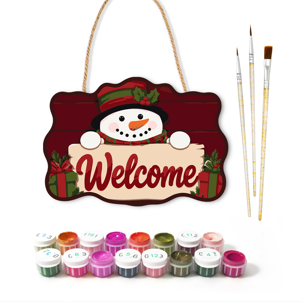 Gift box snowman paint by numbers door hanger with paints and brushes