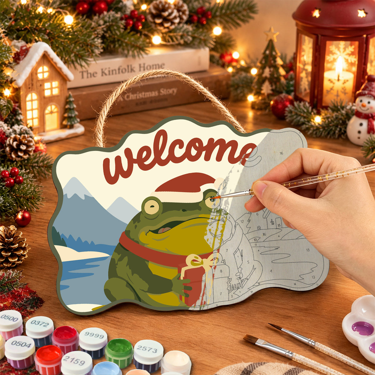 Gift frog welcome paint by numbers door hanger painting process