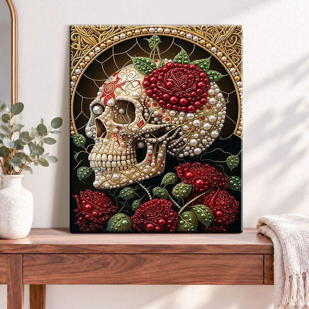 Finished gilded rose skull pearl diamond painting artwork displayed as home decor