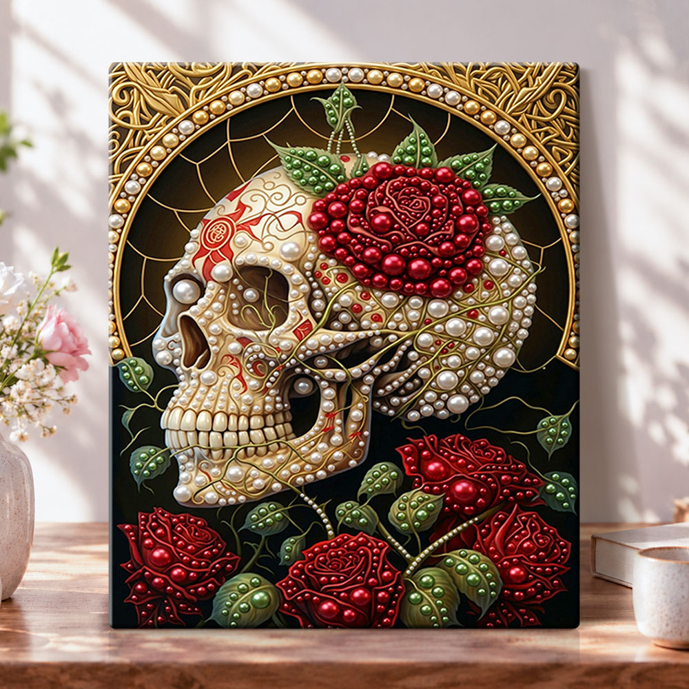 Gilded rose skull pearl diamond painting kit for beginners