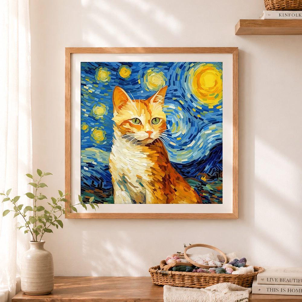 Finished ginger cat against starry sky cross stitch artwork displayed as home decor