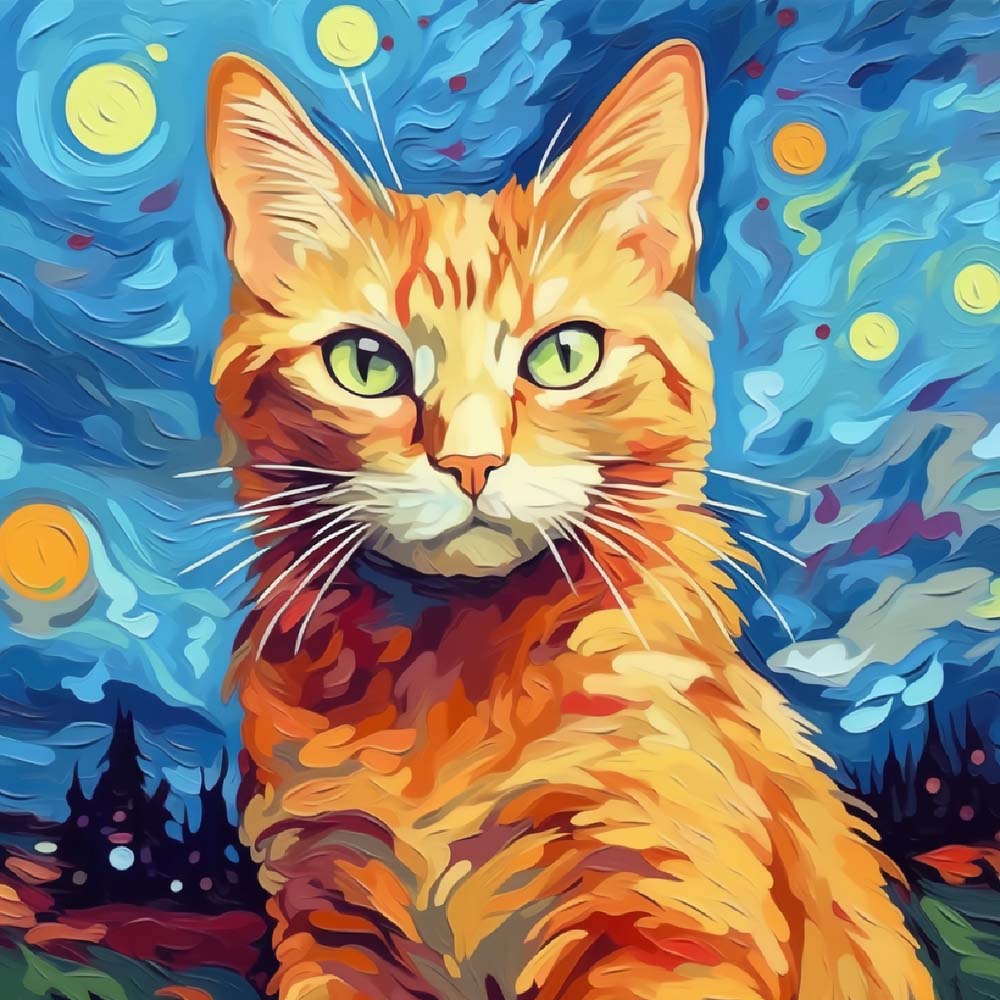 Ginger cat in starry night art cross stitch kit for beginners