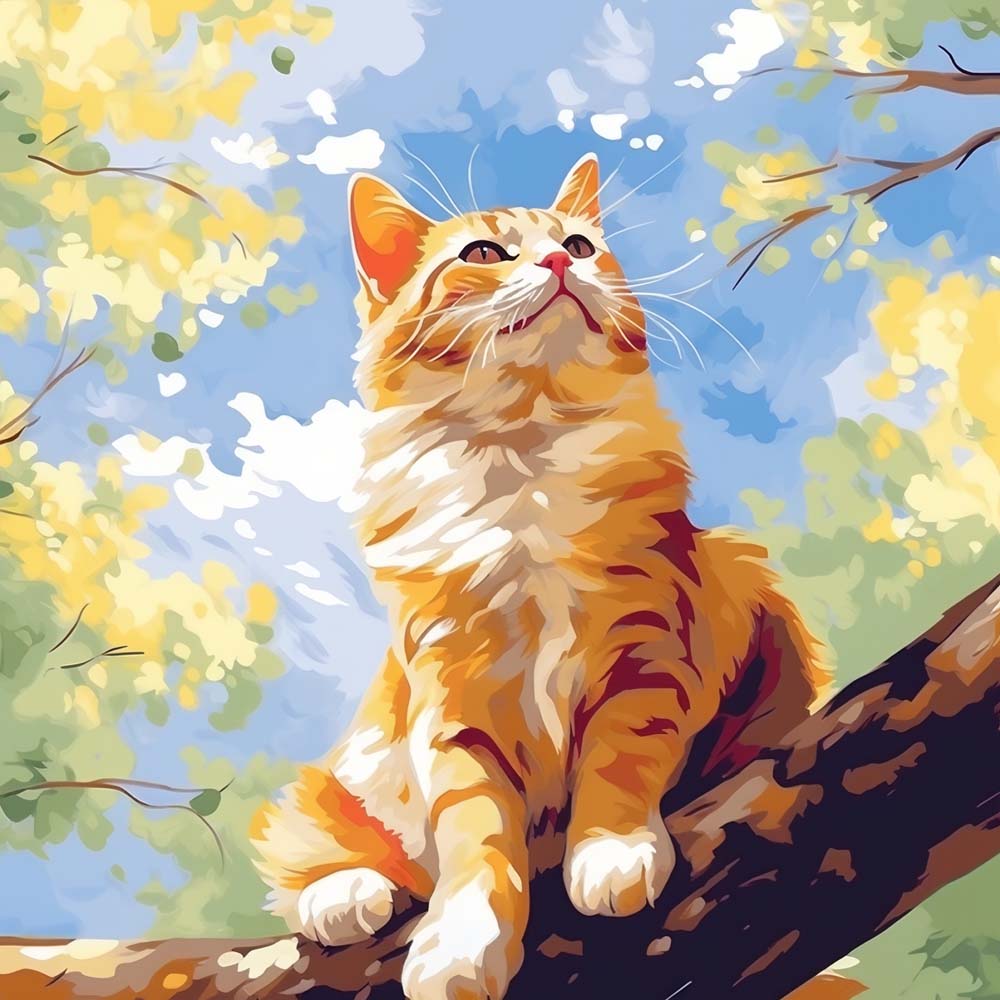 Ginger cat on tree branch cross stitch kit for beginners