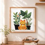 Finished ginger cat with potted plants cross stitch artwork displayed as home decor