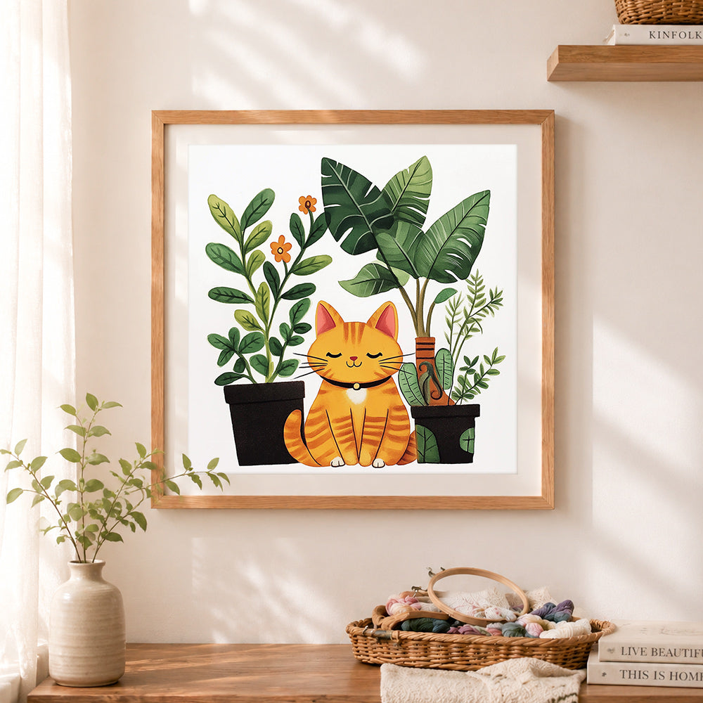 Finished ginger cat with potted plants cross stitch artwork displayed as home decor