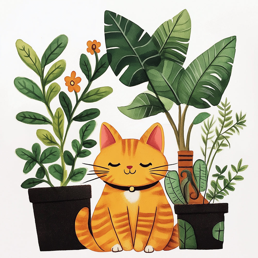 Ginger cat with potted plants cross stitch kit for beginners